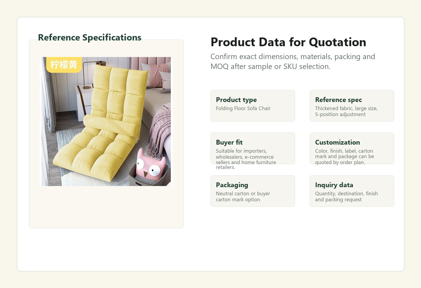 English specification visual for Folding Floor Sofa Chair