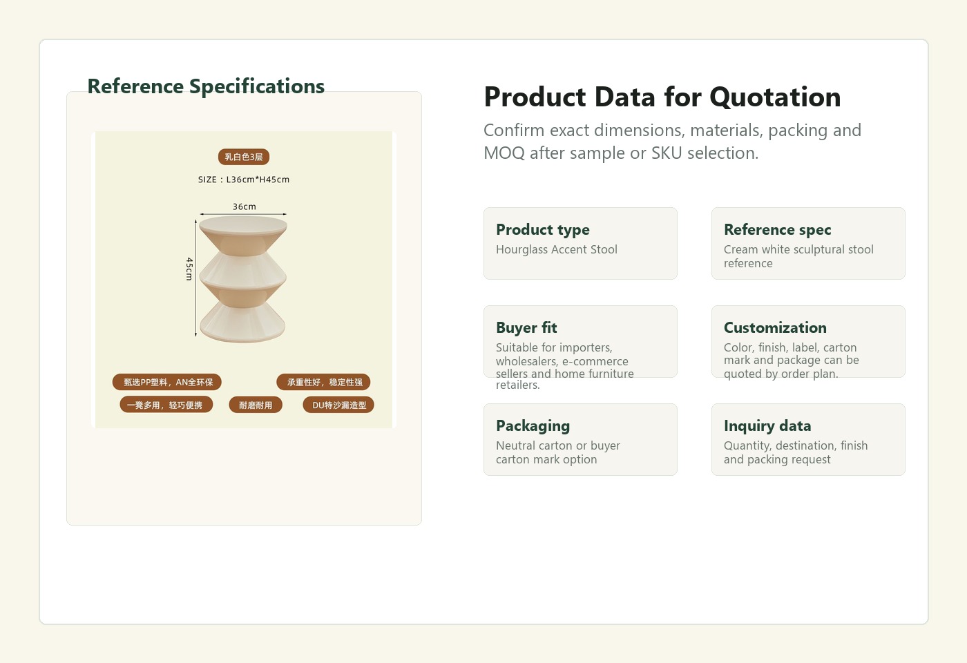English specification visual for Hourglass Accent Stool