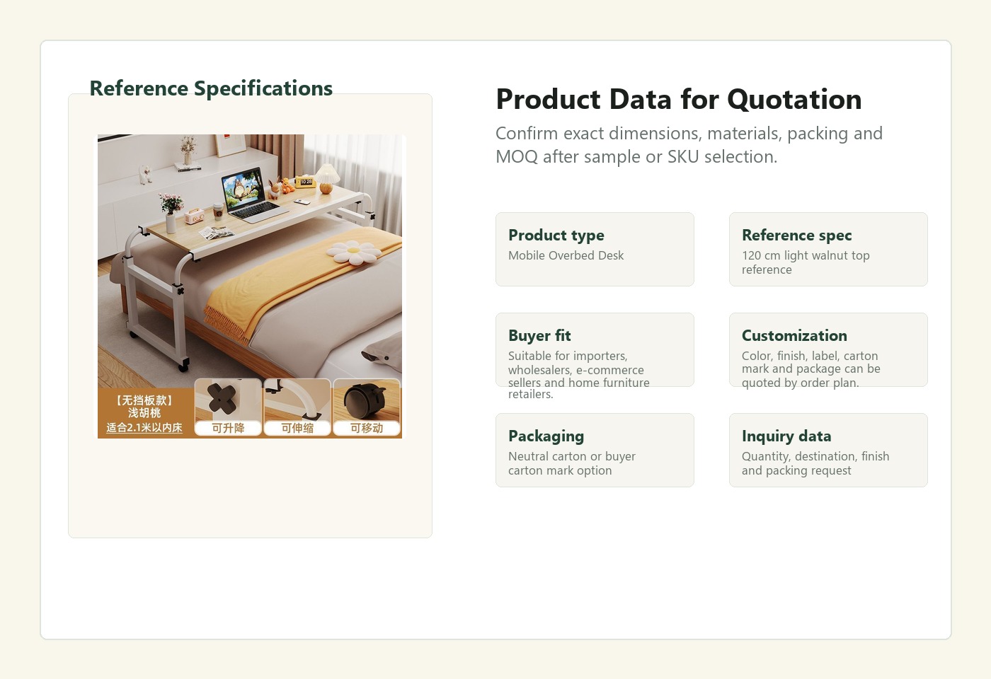 English specification visual for Mobile Overbed Desk