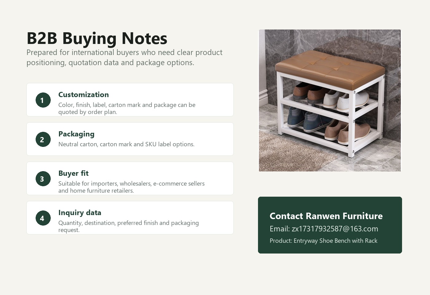 English B2B buying visual for Entryway Shoe Bench with Rack