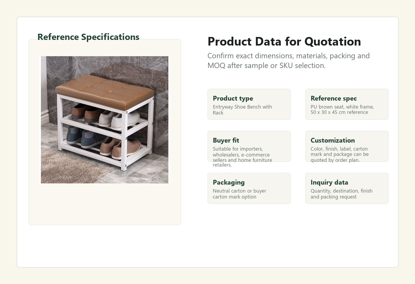 English specification visual for Entryway Shoe Bench with Rack