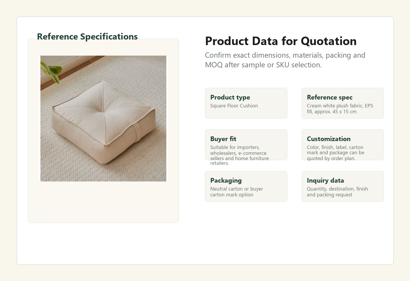 English specification visual for Square Floor Cushion