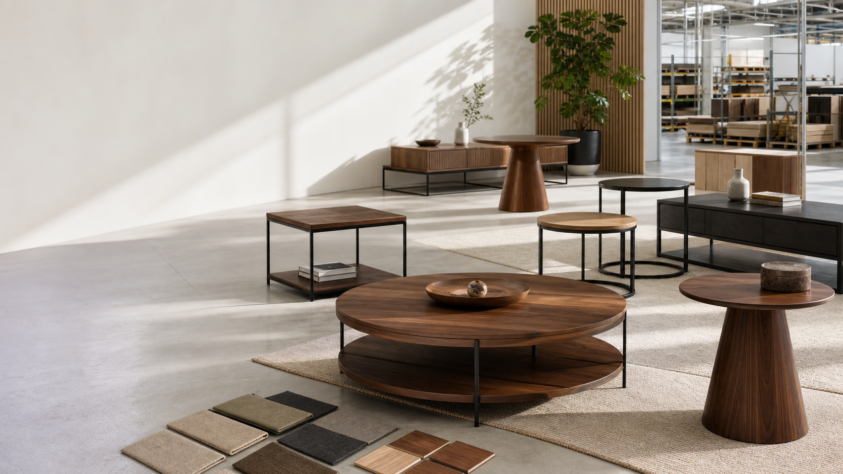 Modern side tables and coffee tables in a furniture showroom